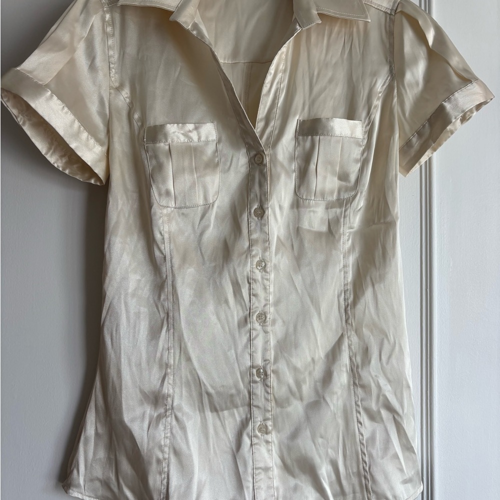 Zara Cream Satin Short Sleeve Button Down Shirt